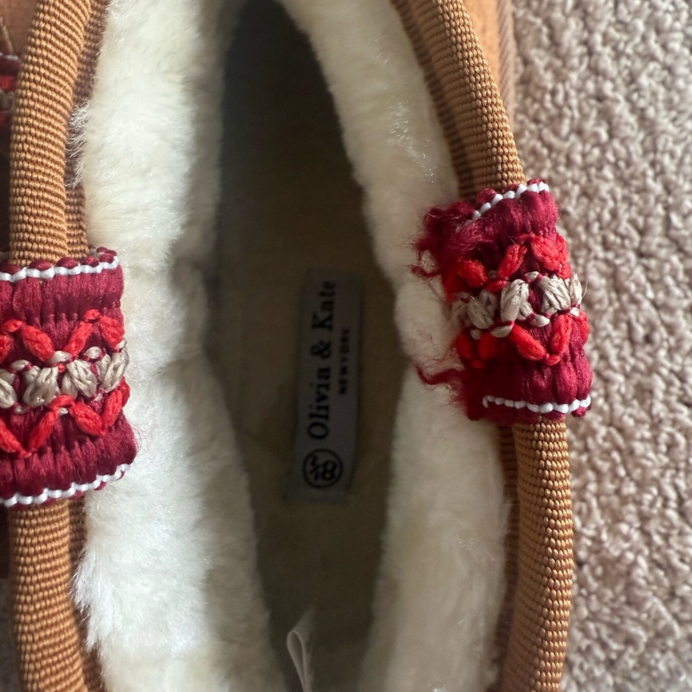 Olivia & Kate Fuzzy Slippers with Red Details